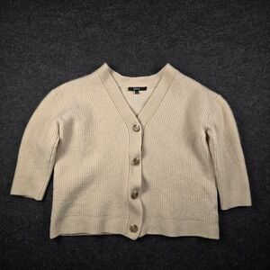 Quince Women's Mongolian Cream Cashmere Ribbed V-Neck Cardigan Sweater Size M